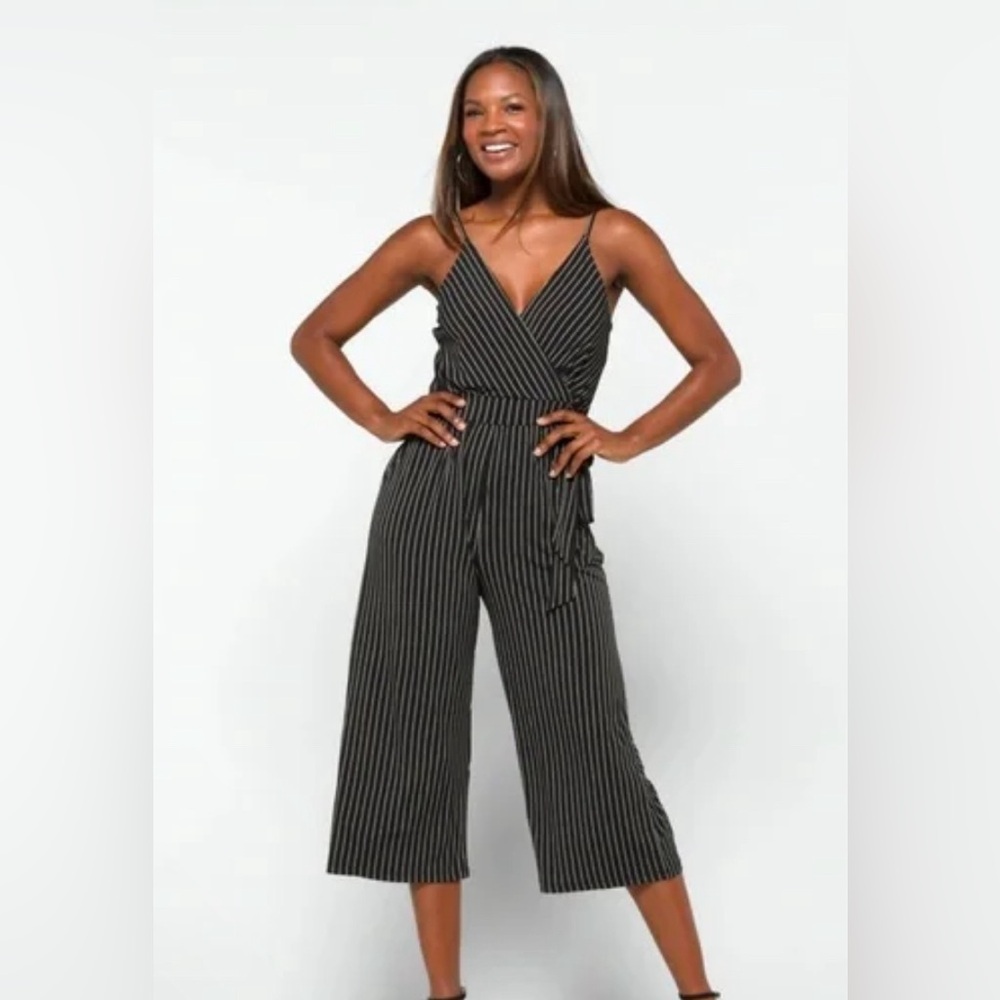 Kaileigh 3X Black Striped Sleeveless Wide Leg Crop Jumpsuit with Pockets…
